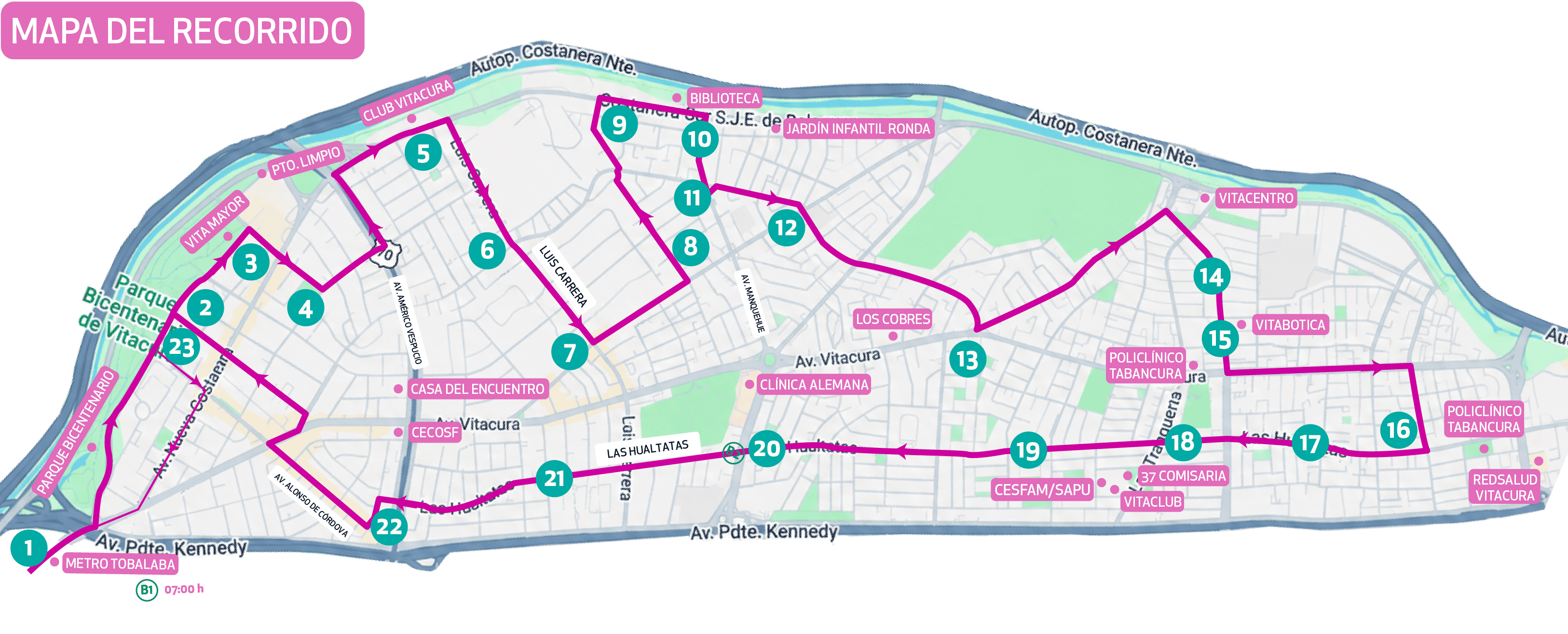 Mapa oficial del Bus Gratuito Vitacura, con el circuito en fucsia y 23 paradas numeradas en turquesa